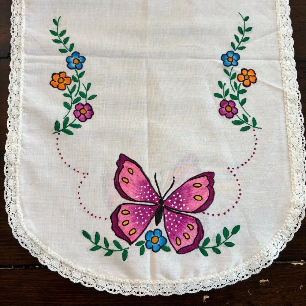 Vtg Butterfly Floral Hand Painted Linen Dresser Scarf Table Runner 45x14